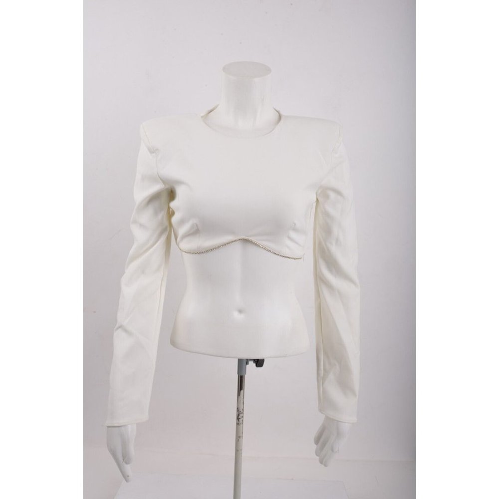 Zara Womens Rhinestone Crop Top S White sparkle trim Long Sleeve 8654/318 NWT
